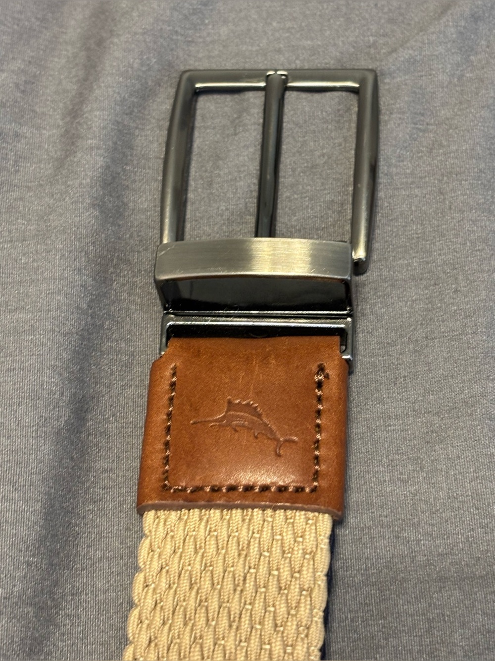 Tommy Bahama Men’s Reversible Woven Belt L/XL 38-42 Khaki Navy Leather Trim